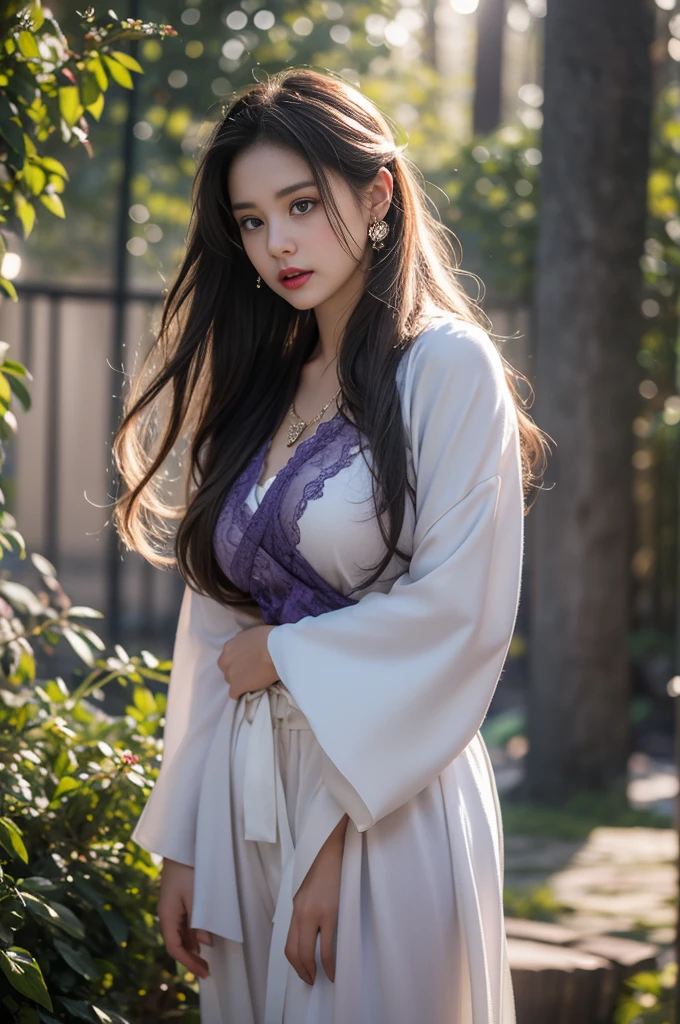 1 beautiful girl in Hanfu costume, ((black thin purple silk shirt with a lot of texture)), white lace top, long purple platinum ponytail Hair, Jewelry, ear jewelry, necklaces and necklaces, carefully drawn big purple eyes, makeup careful, thin eyebrows, high nose, beautiful red lips, no smile, pursed lips, rosy cheeks, wide breasts, big breasts, proportional breasts, slim waist, purple fishnet socks, chinese hanfu style, fictional art texture, colorful bright and realistic, RAW Photo, Realistic Photo, ultra high quality 8k surreal photo, (effective fantasy light effect: 1.8), 10x pixels, magical effect (Background): 1.8), ultradetailed eyes, full body portrait of girl , Chinese royal garden background, dynamic pose