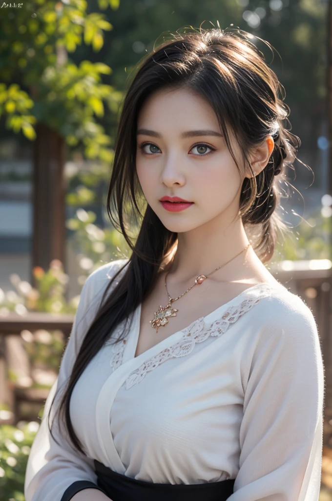 1 beautiful girl in Hanfu costume, ((black thin purple silk shirt with a lot of texture)), white lace top, long purple platinum ponytail Hair, Jewelry, ear jewelry, necklaces and necklaces, carefully drawn big purple eyes, makeup careful, thin eyebrows, high nose, beautiful red lips, no smile, pursed lips, rosy cheeks, wide breasts, big breasts, proportional breasts, slim waist, purple fishnet socks, chinese hanfu style, fictional art texture, colorful bright and realistic, RAW Photo, Realistic Photo, ultra high quality 8k surreal photo, (effective fantasy light effect: 1.8), 10x pixels, magical effect (Background): 1.8), ultradetailed eyes, full body portrait of girl , Chinese royal garden background, dynamic pose