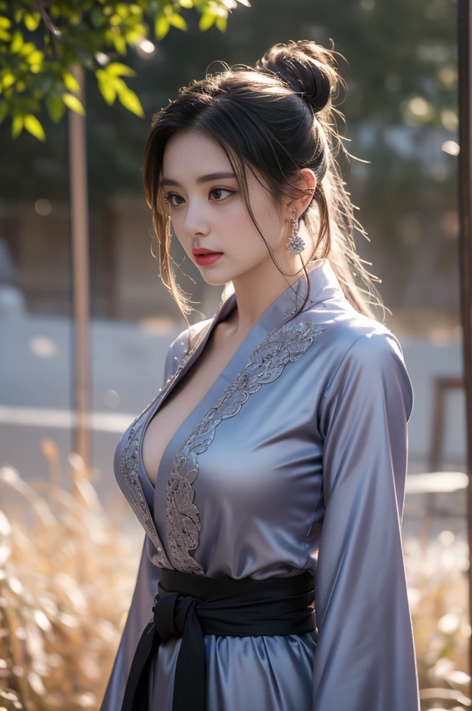 1 beautiful girl in Hanfu costume, ((black thin purple silk shirt with a lot of texture)), white lace top, long purple platinum ponytail Hair, Jewelry, ear jewelry, necklaces and necklaces, carefully drawn big purple eyes, makeup careful, thin eyebrows, high nose, beautiful red lips, no smile, pursed lips, rosy cheeks, wide breasts, big breasts, proportional breasts, slim waist, purple fishnet socks, chinese hanfu style, fictional art texture, colorful bright and realistic, RAW Photo, Realistic Photo, ultra high quality 8k surreal photo, (effective fantasy light effect: 1.8), 10x pixels, magical effect (Background): 1.8), ultradetailed eyes, full body portrait of girl , Chinese royal garden background, dynamic pose