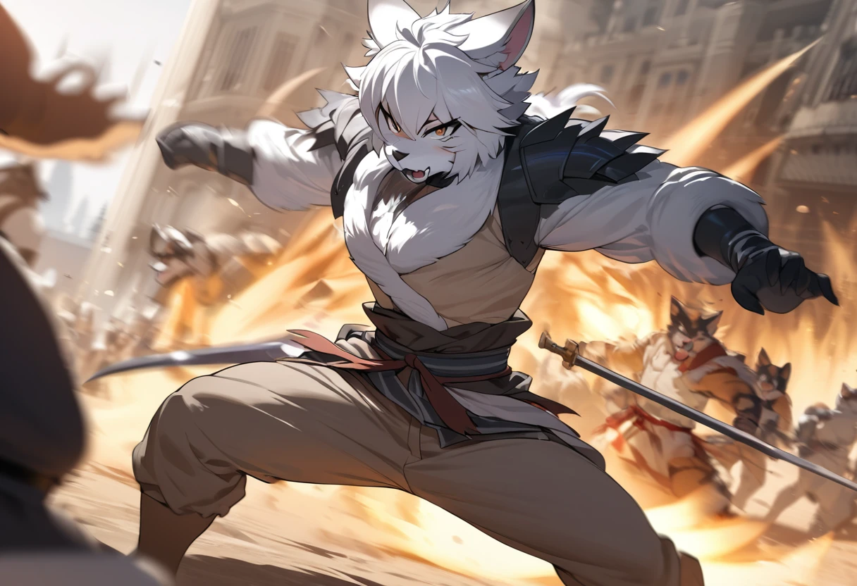top quality, high-quality illustrations((masterpiece))depth of field, motion blur, absurdres, Perfect Anatomy, magnificent picture of kemono fighting fierce battles, kemono, 1boy, solo focus, Anthro((dramatic))epic, weapon, dynamic pose, One scene of movie,