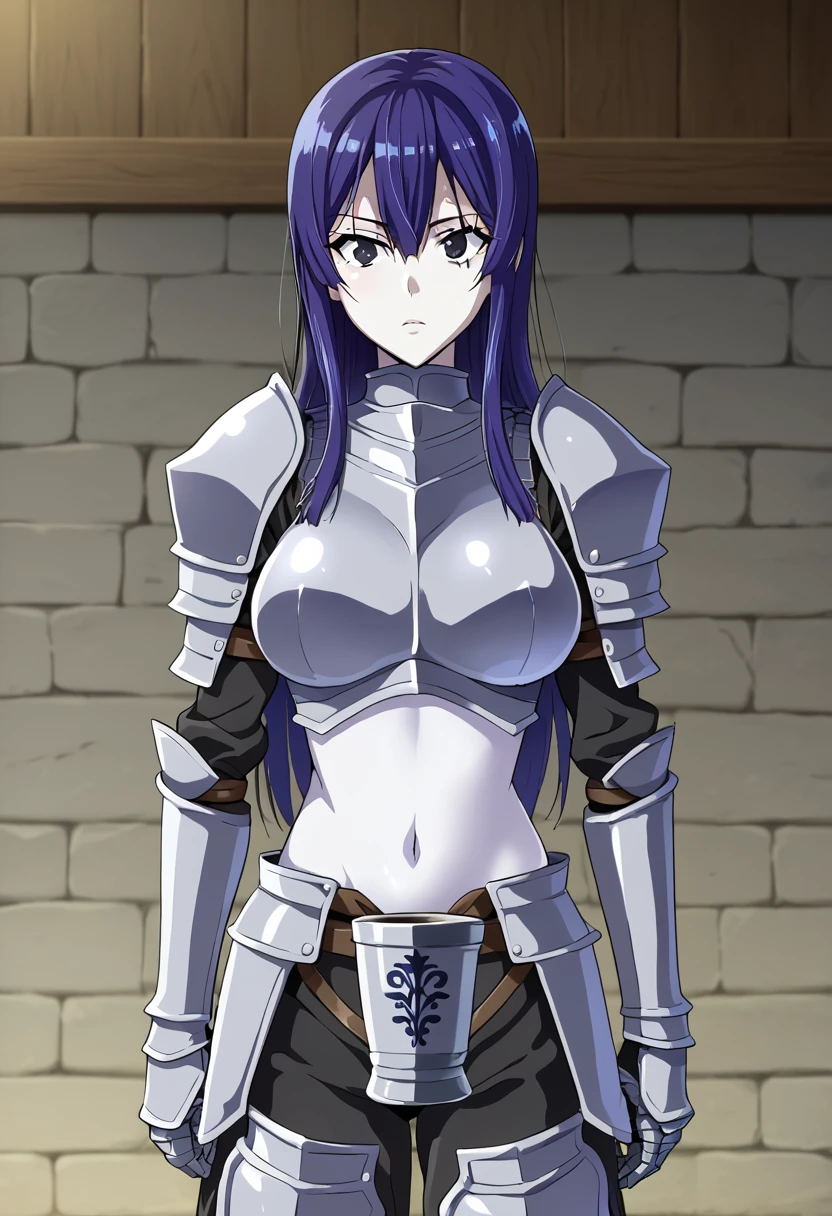 human, ((1girls)), 25 years old, Long Hair, Blue hair, black eyes, knight armor, cup breasts F, ((white skin)), 1m75, deserted, ((Takeda Hiromitsu style)), left eye scar, scabbard on waist, exposed stomach, drowsiness, background room adventurer,