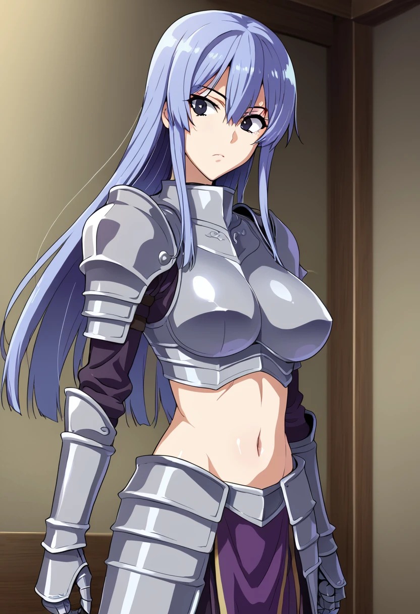 human, ((1girls)), 25 years old, Long Hair, Blue hair, black eyes, knight armor, cup breasts F, ((white skin)), 1m75, deserted, ((Takeda Hiromitsu style)), left eye scar, scabbard on waist, exposed stomach, drowsiness, background room adventurer,