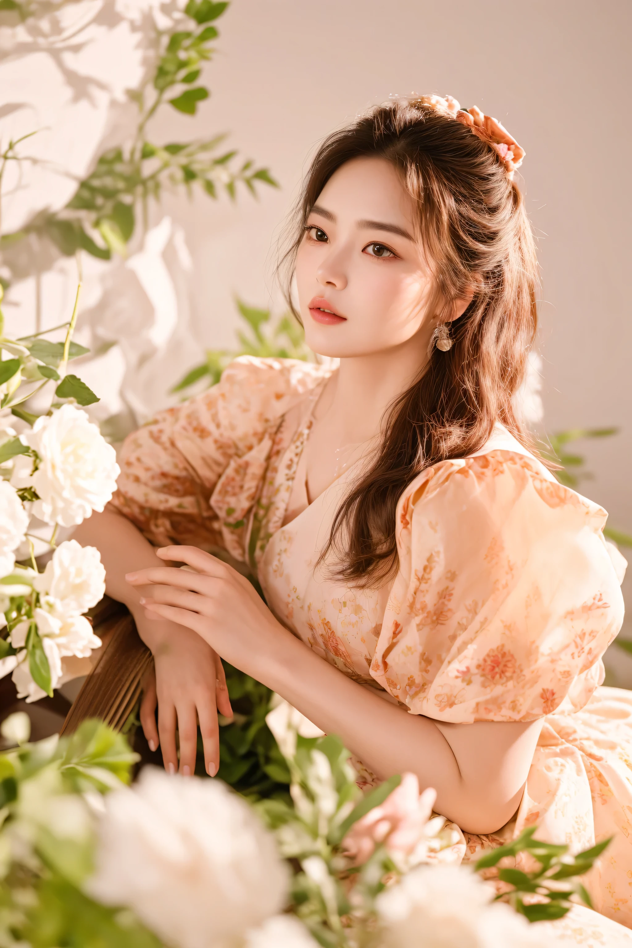 there is a woman sitting in a chair with flowers in front of her, song hye - kyo, hwang se - on, inspired by Huang Ji, heonhwa choe, fanart, sakimichan, sha xi, beautiful image, high res, with flowers, blackpink jennie, korean artist, solo photoshoot, xintong chen, heise-lian yan fang