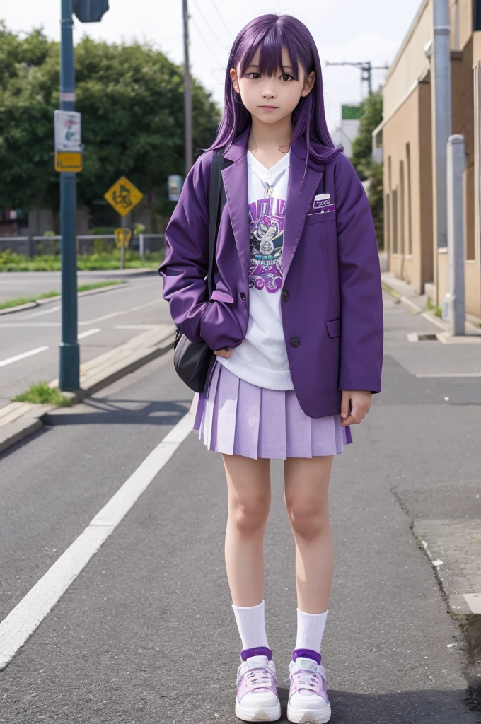 Purple-haired elementary school student, Brocon town, stylish casual clothes