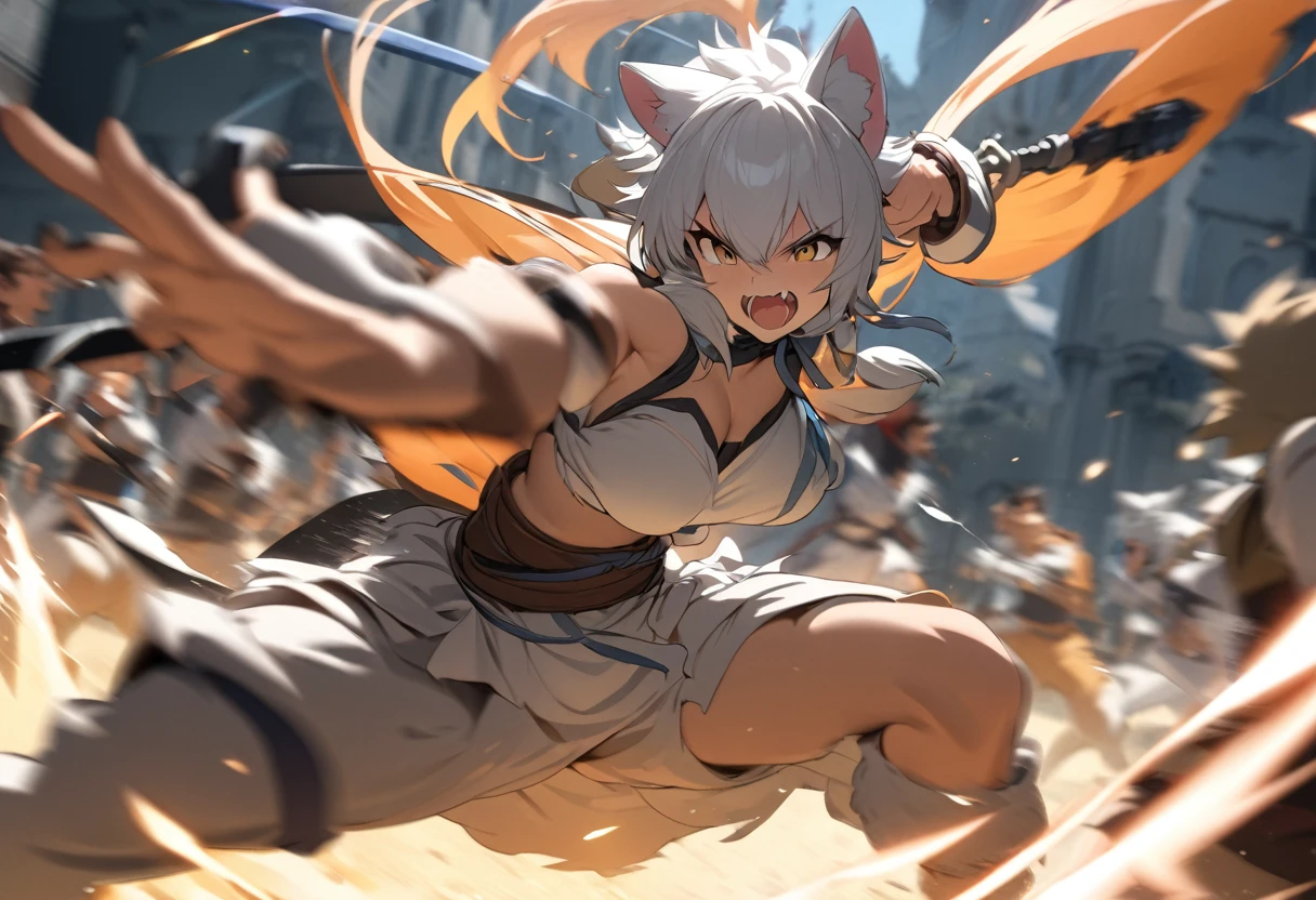 top quality, high-quality illustrations((masterpiece))depth of field, motion blur, absurdres, Perfect Anatomy, magnificent picture of kemono fighting fierce battles, kemono, 1boy, solo focus, Anthro((dramatic))epic, weapon, dynamic pose, One scene of movie,