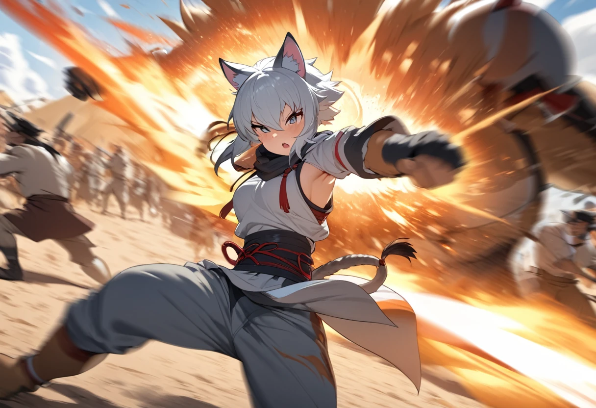 top quality, high-quality illustrations((masterpiece))depth of field, motion blur, absurdres, Perfect Anatomy, magnificent picture of kemono fighting fierce battles, kemono, 1boy, solo focus, Anthro((dramatic))epic, weapon, dynamic pose, One scene of movie,