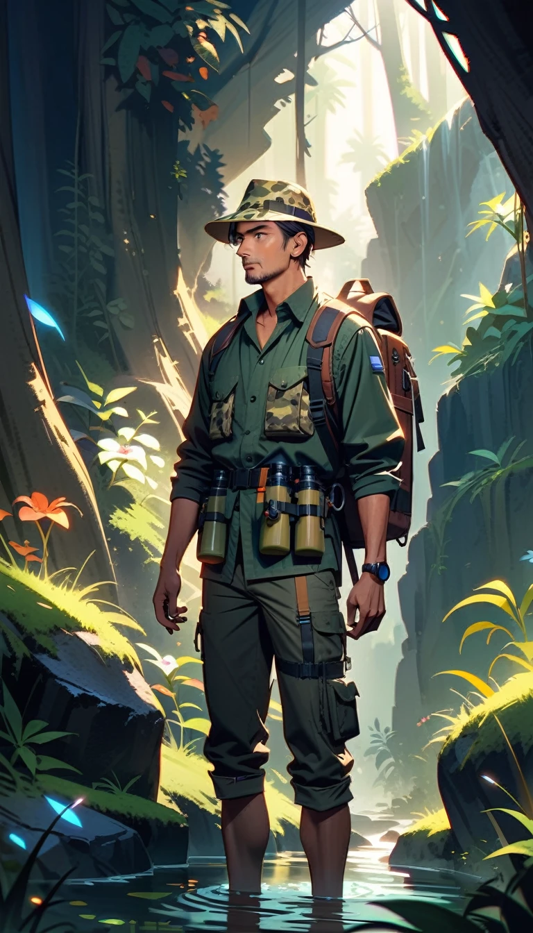 A man wearing safari camouflage、Close-up of man standing in deep mountain jungle with backpack and binoculars, Beautiful light and shadow explored deep in the forest, Strange flowers, exotic grass, Mountain streams,