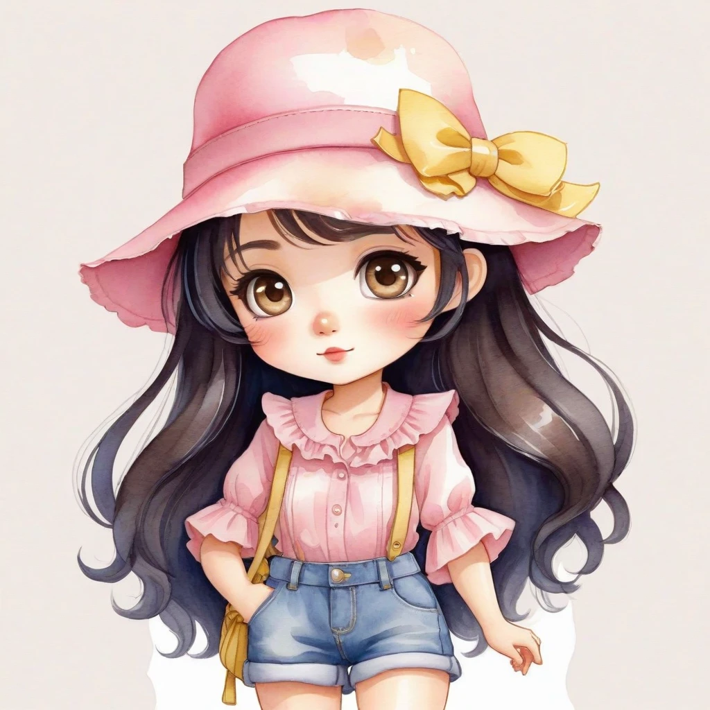 Chibi style digital art, best quality. watercolor illustration, cartoon style, chibi, digital illustration of a stylized character. a woman with large, expressive eyes and a friendly, approachable expression. She has long, dark hair and wears a pink ruffled blouse and denim shorts. She also wears a beige hat and yellow sandals. The background is plain white, which puts the focus on the character. The overall style of the image is cartoonish and whimsical, with a muted color palette that gives it a soft and charming appearance.by Belinda Lyon. anime, kawaii,
