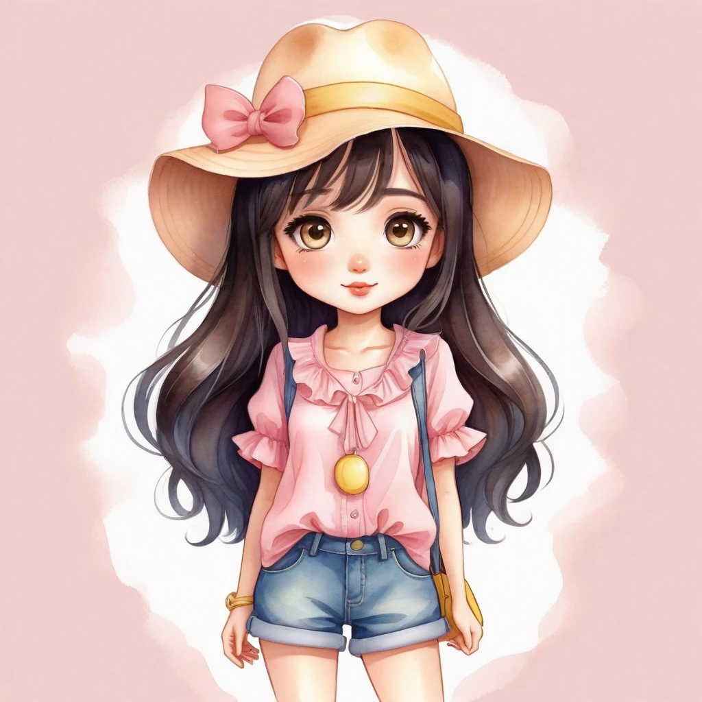 Chibi style digital art, best quality. watercolor illustration, cartoon style, chibi, digital illustration of a stylized character. a woman with large, expressive eyes and a friendly, approachable expression. She has long, dark hair and wears a pink ruffled blouse and denim shorts. She also wears a beige hat and yellow sandals. The background is plain white, which puts the focus on the character. The overall style of the image is cartoonish and whimsical, with a muted color palette that gives it a soft and charming appearance.by Belinda Lyon. anime, kawaii,