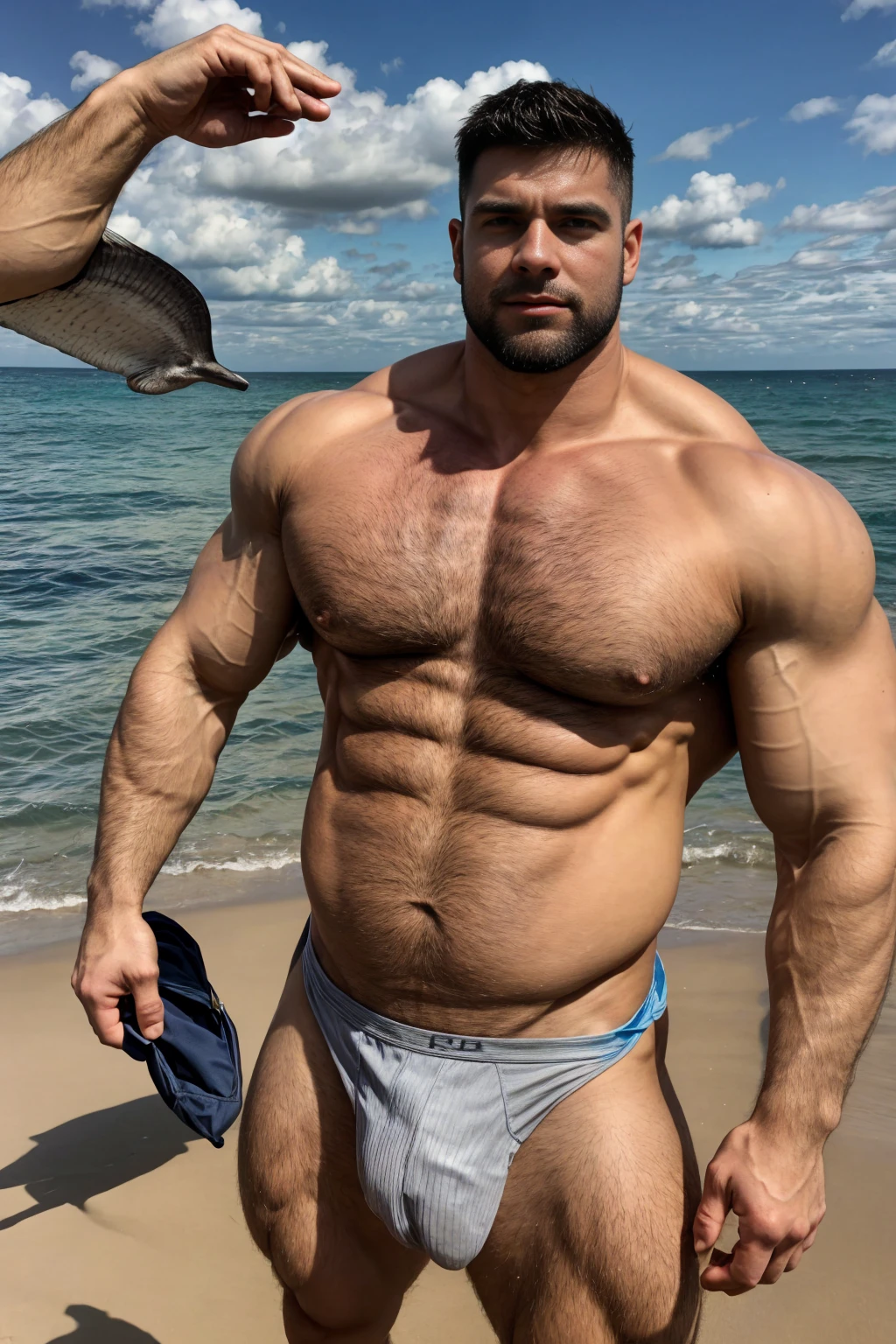 Ultra wide angle,(Medium shot of two handsome guys),twin,Male love,plump breasts,swelling of chest muscles,Full chest muscles,swelling of chest muscles,Sweat,Skin is moisturized and shiny,(face slimming),small head,short hair,beard,Sexy and charming expression,gloomy eyes,blue eyes,Naughty and cool,Handsome and cool guy, (Topless), ultra thin pantyhose,Big bag highlights,(Full chest muscles),(breast muscle swelling),Chest and belly hair,Topless,Skin smooth and hydrated,fiery, Super Sexy, Behind him is the sea, standing on a sandy beach by the ocean,There are flying fish and dolphins in the water,of a Topless, member, Very sexy,Blue sky and white clouds, member, looks hot, Strong smoldering, Attractive and good looking, 30 years old, Attractive man, sexy masculine, 8k reality, Ultra-detailed photos, Bulger j8,Perfect hand details,Perfect facial details