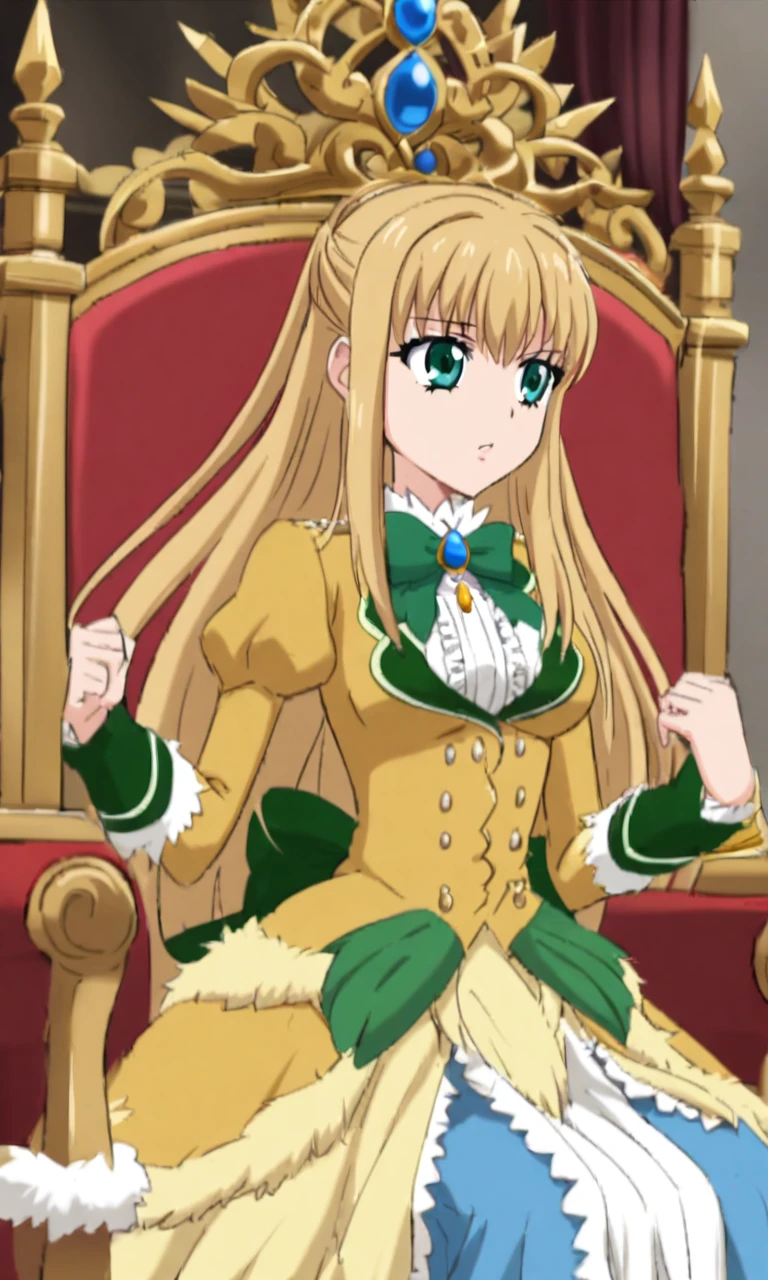 1girl, Standing, By Cecilia, Open blonde hair, Hair length, , Royal golden fluffy dress ,Medium breasts, red roses ,Sitting on a royal chair, Queen sitting on the throne, golden sleeves,