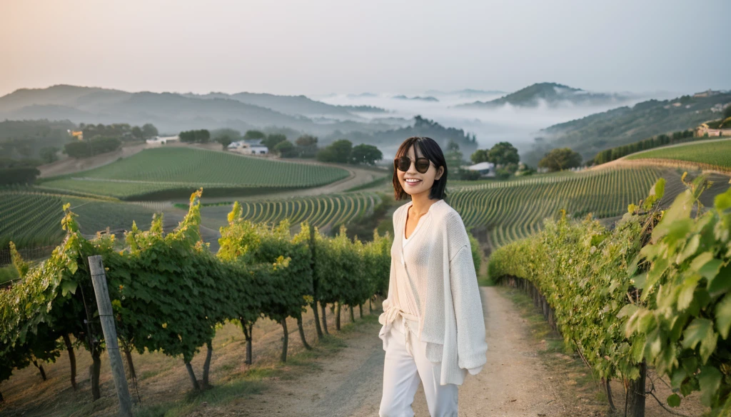 8k realistic, lifelike photo,, 36 year old Korean woman, Short in stature, pretty like a model. front view, White shirt and short cardigan, casual pants, short medium hair, Smiley, Italy. vineyard, thick dawn fog. vineyard 지나 smother 속으로 저 멀리 성당이 보인다. Full body shot from afar with a wide angle lens , 1 woman, Short in stature, looking at the camera, Excellent picture quality, The morning fog is thick, The picture quality is alive. Full body shot with Canon 16-35 wide angle lens, Put on sunglasses and look to the side. smother