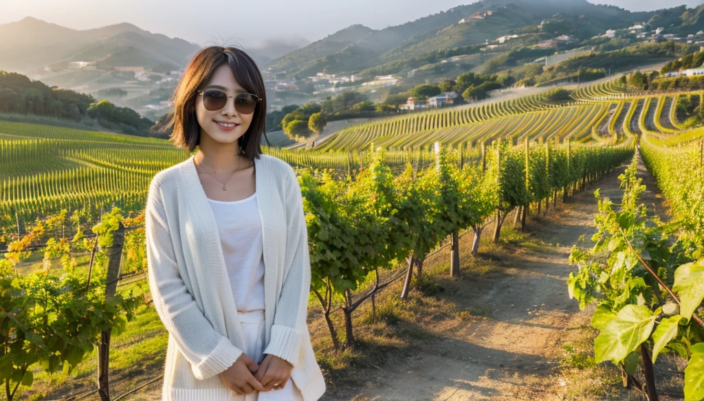 8k realistic, lifelike photo,, 36 year old Korean woman, Short in stature, pretty like a model. front view, White shirt and short cardigan, casual pants, short medium hair, Smiley, Italy. vineyard, thick dawn fog. vineyard 지나 smother 속으로 저 멀리 성당이 보인다. Full body shot from afar with a wide angle lens , 1 woman, Short in stature, looking at the camera, Excellent picture quality, The morning fog is thick, The picture quality is alive. Full body shot with Canon 16-35 wide angle lens, Put on sunglasses and look to the side. smother