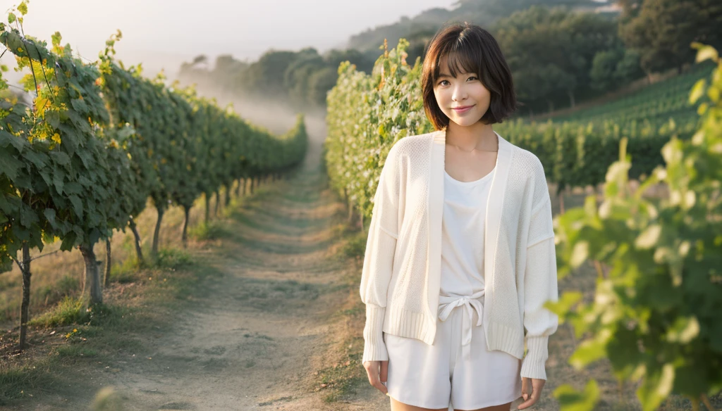 8k realistic, lifelike photo,, 36 year old Korean woman, Short in stature, pretty like a model. front view, White shirt and short cardigan, casual pants, short medium hair, Smiley, Italy. vineyard, thick dawn fog. vineyard 지나 smother 속으로 저 멀리 성당이 보인다. Full body shot from afar with a wide angle lens , 1 woman, Short in stature, looking at the camera, Excellent picture quality, The morning fog is thick, The picture quality is alive. Full body shot with Canon 16-35 wide angle lens, Put on sunglasses and look to the side. smother