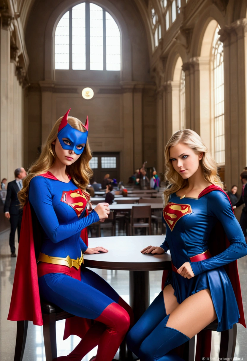 super girl, blonde twins, sexy bodies, big breasts, Madura, body 90 60 90, with superman suit, mini skirt, with a bald black