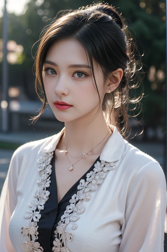 1 beautiful girl in Hanfu costume, ((black thin purple silk shirt with a lot of texture)), white lace top, long purple platinum ponytail Hair, Jewelry, ear jewelry, necklaces and necklaces, carefully drawn big purple eyes, makeup careful, thin eyebrows, high nose, beautiful red lips, no smile, pursed lips, rosy cheeks, wide breasts, big breasts, proportional breasts, slim waist, purple fishnet socks, chinese hanfu style, fictional art texture, colorful bright and realistic, RAW Photo, Realistic Photo, ultra high quality 8k surreal photo, (effective fantasy light effect: 1.8), 10x pixels, magical effect (Background): 1.8), ultradetailed eyes, full body portrait of girl , Chinese royal garden background, dynamic pose
