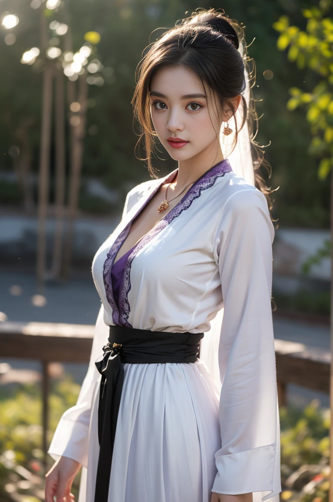 1 beautiful girl with super big breasts in Hanfu,White thin purple silk shirt,Full of texture,White ultra low cut lace top,Purple platinum long ponytail,hair accessories,earring,necklace necklace,Carefully drawn big purple eyes,Detailed makeup,thin eyebrows,Tall nose,beautiful red lips,No smiles,Pursed lips,Ruddy cheeks,Big breasts,,Large cleavage,Proportional breasts,thin waist,Purple fishnet stockings,Chinese Hanfu style,fictional art texture,Vivid and realistic colors,original photo,Realistic photos、Ultra-high quality 8K hyper-realistic photos、(Effective fantasy light effects:1.8)、10 times the pixels、Magic Effect(background):1.8)、Super detailed eyes、Girl full body portrait、中國皇家background