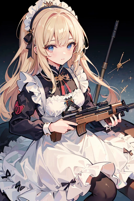 ((Highest quality:1.6)), ((masterpiece)), (detailed), (Perfect Face), (detailedなイラスト:1.6), (Ultra-high resolution:1.6), girl, Concentrated face, cute, Blonde, Small breasts, Black and white maid outfit, Blue ribbon, White apron, Gothic maid outfit, Long, Above the Battlements, On the wall, Defend the castle, European Castles(Sniperrifleで狙撃:1.6), Sniper, Sniper, ロングレンジrifle, Sniperrifleを構えてる, rifle, gun,