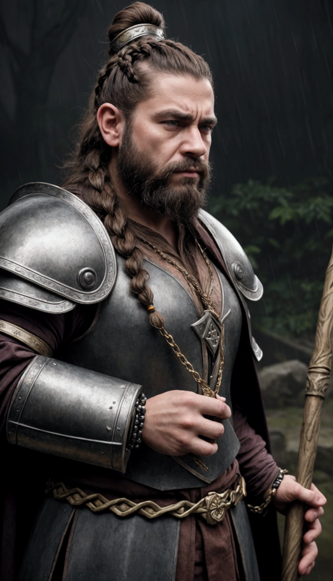 a handsome dwarf man, stoic expression, dressed in expensive merchant attire, brunette hair tied in a bun and a braided beard with beads, wearing a set of dwarven chain armor and helmet and a dark rain cloak, holding a mattock, close-up portrait, intricate details, cinematic lighting, chiaroscuro, dramatic, dark fantasy, highly detailed, 8k, digital art