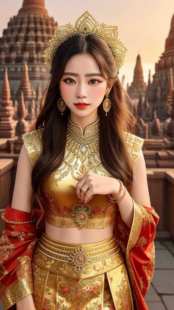 Beautiful girl of Taiwanese descent, Embellished with finely crafted Dongtai Khu indigenous dress, It stands majestically with the backdrop of the magnificent Bukam Temple.. Her attire shimmers with Intricate embroidery and gold accents, แต่ละองค์ประกอบได้รับการคัดเลือกอย่างพิถีพิถันเพื่อสะท้อนถึงมรดกทางวัฒนธรรมอันlongนานของผู้คนของเธอ. details: Facial features: ใบหน้าของผู้หญิงมีความสดใสและอ่อนเlong์, With delicate features and captivating eyes that shine with warmth and intelligence.. Her hair was styled into a messy bun, embellished with fresh flowers and pinned with gold pins., Add elegance and originality.. TRADITIONAL COSTUMES: The Tong Tai Khun Outfit is a masterpiece in the style of an elite tank., Distinguished by colorful silk, Beautiful smile,Intricate embroidery, And adorned with delicate gold. long, The fluttering skirt slipped gracefully around her legs., Meanwhile, the fitted bodice helped accentuate her slender figure.. The traditional headdress adds a touch of luxury to her outfit. decorations: ความงามของผู้หญิงได้รับการปรับปรุงเพิ่มเติมด้วยdecorationsแบบดั้งเดิมอันตระการตา. A bracelet encircled her wrist., The necklace adorns her neck, And delicate earrings dangled from her ears.. Each piece has been elaborately crafted and adds a touch of luxury to her overall look.. Bagan Temple Background: The ancient Bukam temple is a stunning backdrop for the portrait.. Weathered brick structures and towering spires add grandeur and mystery to this scene.. Warm shades of sunrise or sunset, bathe the temple with golden light, Create a truly magical atmosphere.