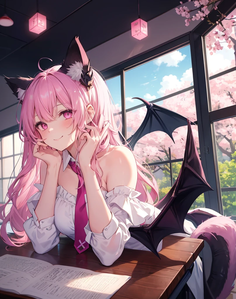 masterpiece, best quality, 1girl, laying totally on a school desk, untied necktie, bare shoulders,cute , she's a succubus, demon hearth tail, neko ears,2 demon wings,scenery,pink hair, sitted ,detailed sexy face, bare high ass, cat ears, cute expression, pink eyes.