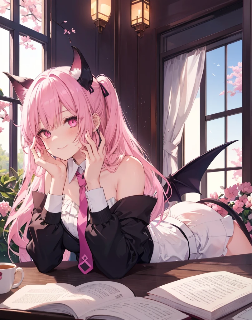 masterpiece, best quality, 1girl, laying totally on a school desk, untied necktie, bare shoulders,cute and smiling , she's a hungry succubus, demon-hearth-tail, neko ears,demon wings,scenery,pink hair, sitted ,detailed sexy face, bare high ass, cat ears, cute expression, pink eyes. She's in a school room, outside the windows there's a temple with a garden with Sakura trees