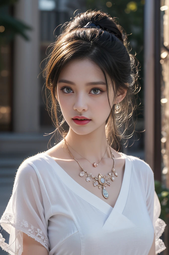 1 beautiful girl in Hanfu costume, ((black thin purple silk shirt with a lot of texture)), white lace top, long purple platinum ponytail Hair, Jewelry, ear jewelry, necklaces and necklaces, carefully drawn big purple eyes, makeup careful, thin eyebrows, high nose, beautiful red lips, no smile, pursed lips, rosy cheeks, wide breasts, big breasts, proportional breasts, slim waist, purple fishnet socks, chinese hanfu style, fictional art texture, colorful bright and realistic, RAW Photo, Realistic Photo, ultra high quality 8k surreal photo, (effective fantasy light effect: 1.8), 10x pixels, magical effect (Background): 1.8), ultradetailed eyes, full body portrait of girl , Chinese royal garden background, dynamic pose