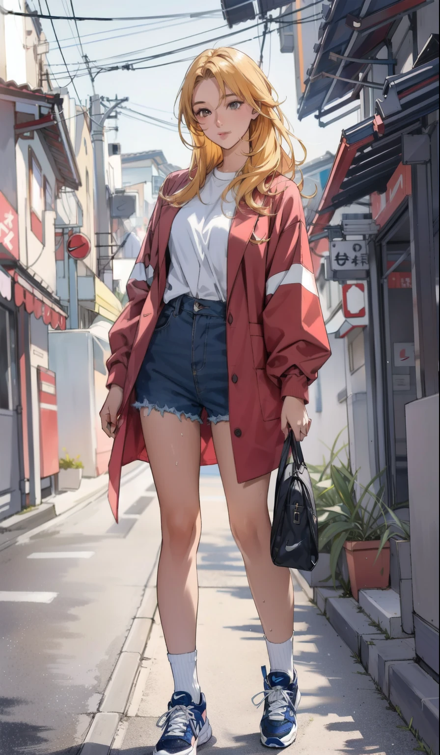 Masterpiece, photo realistic hyper details, a woman in a white shirt, pastel blue colour mini short, simple style, wearing elegant casual clothes, muted red, simple clothes, milk and blue style, casual transparent clothing style, wet, modern fashion outfit, wearing a fisher , casual modern clothing, inspo, red clothes, blue oversized jacket, brosshort, neutral tones, red and white color scheme, casual business outfit,cute face, nike shoes, 22 years old, adult face, long hair, ((yellow hair)), street traditional festival