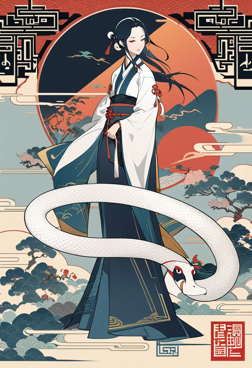 cover page, Four major folk legends of ancient China, The Legend of the White Snake, Bai she zhuàn, flat Design, vector illustrations, graphic illustration, detailed 2d illustration, flat illustration, digital illustration, digital artwork,