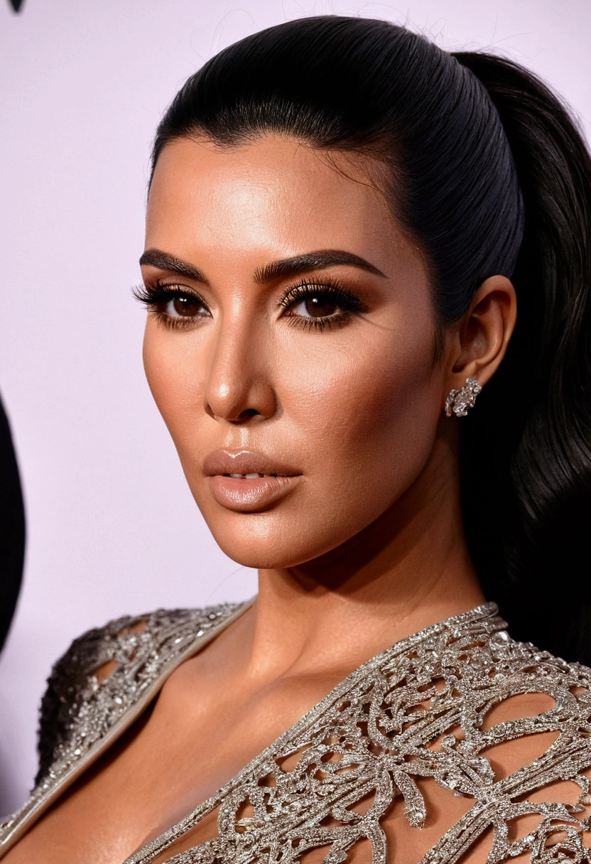 Kim Kardashian with her hair up wearing earrings with painted lips completely naked and smiling sexy.