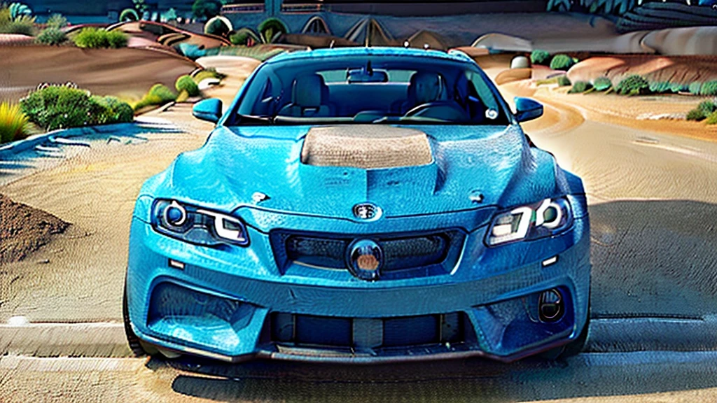 1 car from the 2020s, cerulean, demoted, dirty with earth and sand, dirt road background 