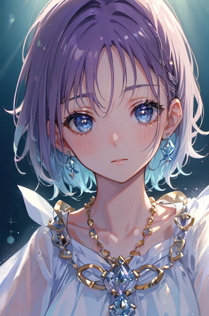 masterpiece, Highest quality, Consciousness upward, Sax Blue, プラチナEarrings, Platinum Necklace, White Dress, One Girl, cute, (Dynamic Lighting:1.2), Cinema Lighting, Delicate facial features, Detailed eyes, Sharp pupils, Realistic student, Written boundary depth, ボケ Written boundary depth, Sharp focus, (Very detailed, bloom, Shine:1.4), Lots of little gems, (((short_hair))),　Toru Asakura、white hairs、Earrings、gradation hair、multi color hair、分けた前hair、Purple hair、Upper Body、Ultra close-up footage、