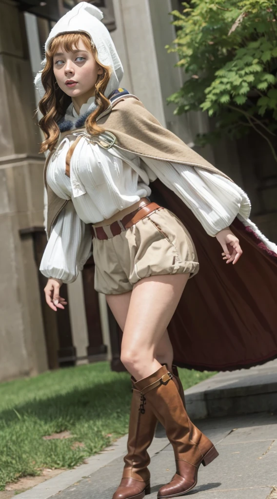 Highest quality、Highest quality、16k quality、Highly detailed figure、Highly detailed face、Highly detailed eyes、Highly detailed nose、Highly detailed facial expressions、Highly detailed costume、Very high quality costume、Highly detailed hourglass shape、Highly detailed feet、Highly detailed thighs、Being in reality、16-year-old girl、Mimosa Vermillion、main character、Brown Hair、White long sleeve knitted clothing、服の上からYou can see the shape of the chest、Light brown、Chest-length、Poncho type、Wearing the cloak of the Magic Knights、With Magic Knights emblem、One of her breasts is visible through the gap in her cloak.、Close to the skinする服、White knit shorts、Emphasizes the shape of the chest、Brown leather thigh-length boots、Her thighs are visible between her shorts and boots.、You can see the shape of the chest、F cup bust size、Big Breasts、Close to the skin、Tight、Full body photo、Are standing、Emphasizes the beauty of thigh muscles、Full body photo、Front view