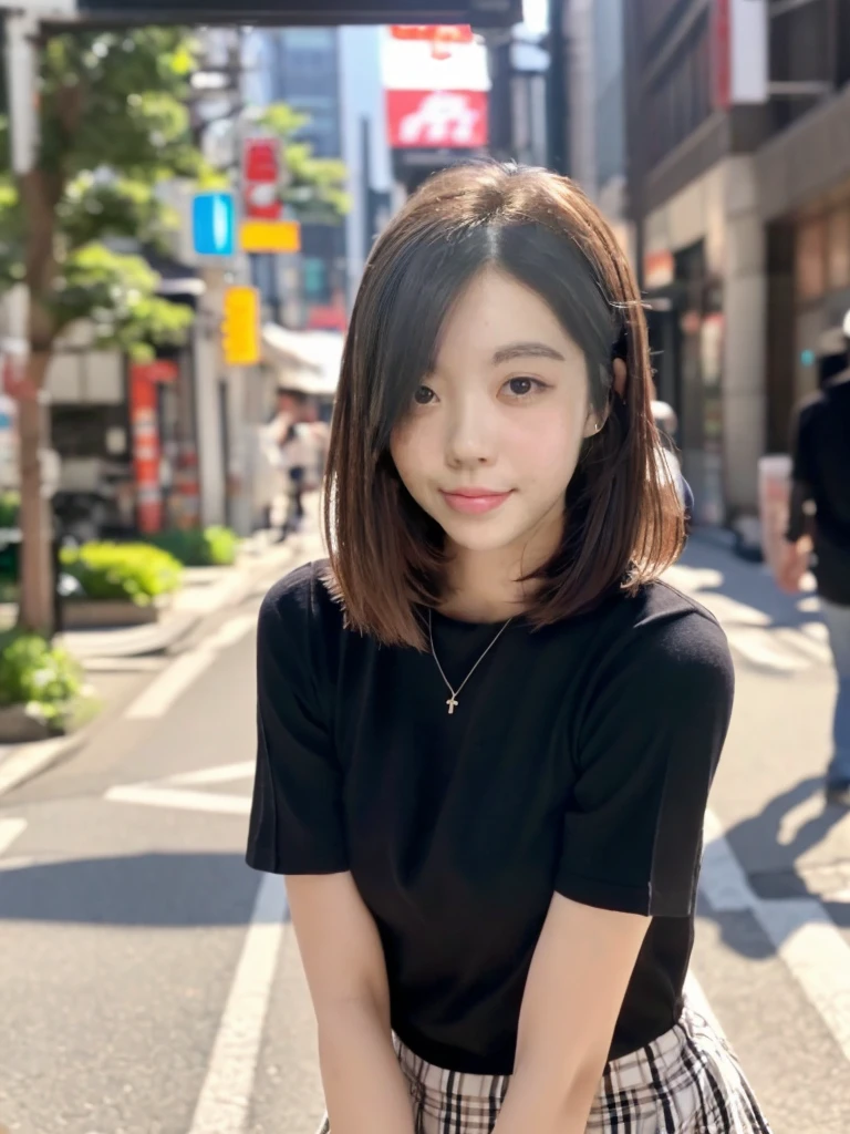 ((Perfect Anatomy:1.5,Realistic:1.3,RAW Photos:1.3,masterpiece、Highest quality、Ultra - High resolution、High resolution、Detailed CG、8k)),Cowboy Shot,1 female,alone,Dancer,18-year-old、High school girl beautiful girl,Japanese,((Beautiful and exquisite face and eyes:1.2,Big and beautiful eyes:1.2,Grey Eyes)),Dark brown hair,Short Bob Hair,bangs,Medium chest,Slender body,Small Head:1.3,skinny,(Oily skin,Glowing Skin,Glowing Skin、Sweat),、Checkered pleated mini skirt,on the road,Harajuku、Tokyo、