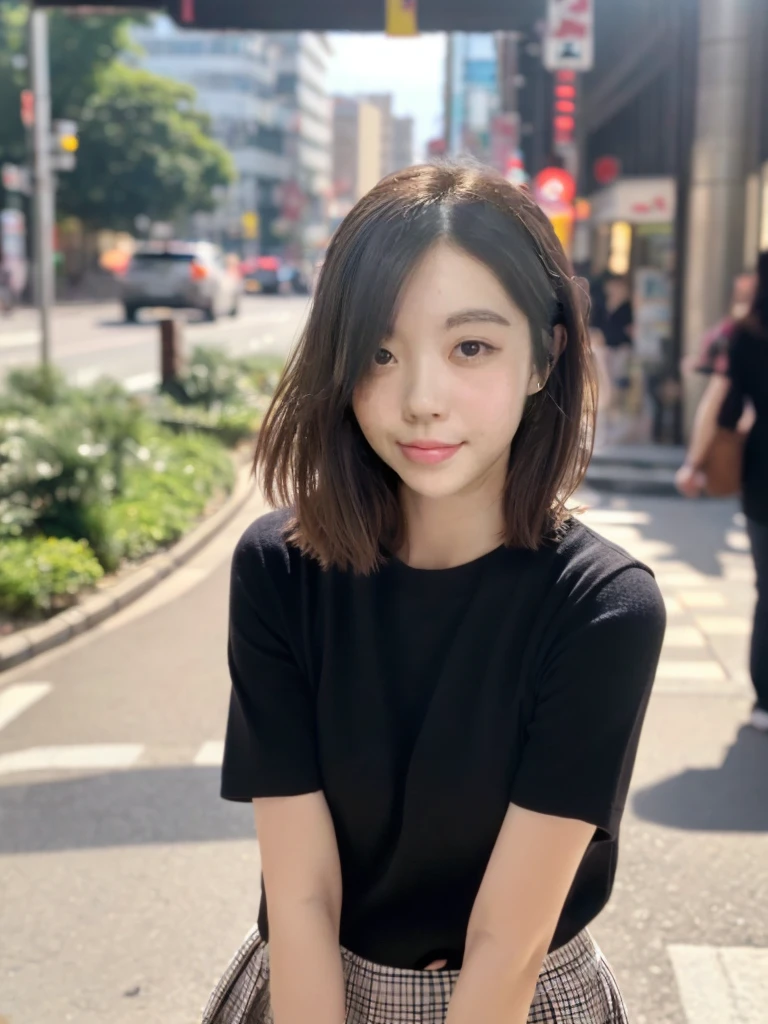 ((Perfect Anatomy:1.5,Realistic:1.3,RAW Photos:1.3,masterpiece、Highest quality、Ultra - High resolution、High resolution、Detailed CG、8k)),Cowboy Shot,1 female,alone,Dancer,18-year-old、High school girl beautiful girl,Japanese,((Beautiful and exquisite face and eyes:1.2,Big and beautiful eyes:1.2,Grey Eyes)),Dark brown hair,Short Bob Hair,bangs,Medium chest,Slender body,Small Head:1.3,skinny,(Oily skin,Glowing Skin,Glowing Skin、Sweat),、Checkered pleated mini skirt,on the road,Harajuku、Tokyo、