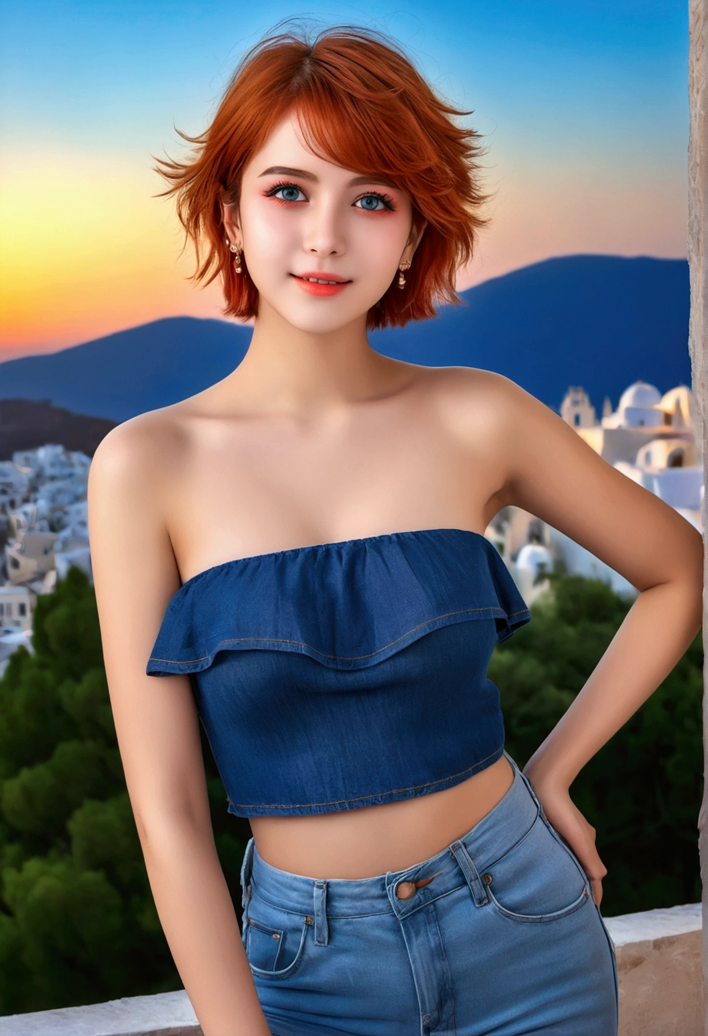 White 22 years old beautiful girl, short orange hair, embarrassing expressions, ((highly detailed eyes)) brown eyes,((red crop top)), ((blue jeans)), detailed eyes, masterpiece, greek clothes,peplos,((Bare shoulders)), Charming model, (Delicateeyes, Delicate lips), Show a bright smile, Create stunning girl images, warm color, Very high color saturation, Unity 8K Wallpaper, (High Dynamic Range :1.4), (Movie atmosphere),(Soft colors), (Natural skin texture, ultra-Practical, Soft Light, sharp),(Very detailed), night, moonlight