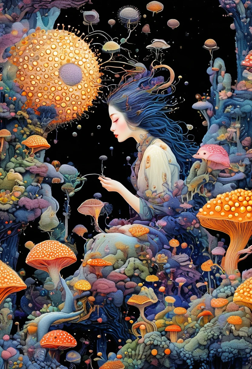 密集Pointillism method。Smooth lines。Illustration by Daniel Merriam,Strange illustration。Pointillism method。Trypophobia。Strong contrast。Award-winning works。Dark background。