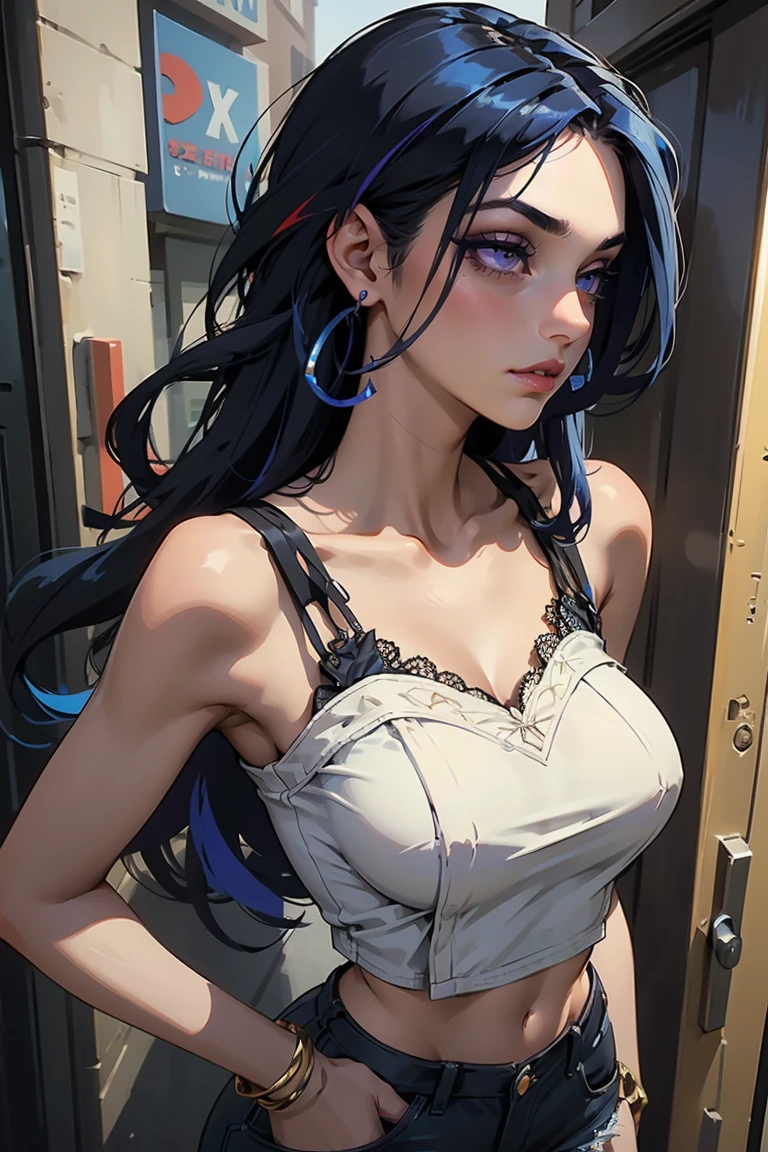 Goddess ((goddess-like woman)), slim elegant silhouette, masterpiece, (close angle), best quality, pale skin, fair skin, sweet face, (masterpiece:1,2, best quality), (real picture, intricate details), (1 lady , solo, medium tits, slim waistline, ), ((Jinx/LOL)),beautiful face, kissable lips, long dark blue hair with a lighter blue streak, (long dark blue hair with a lighter blue streak), dark blue hair, hair with a lighter blue streak, right eye covered by hair, LONG HAIR, (Long dark blue hair that reaches down to her hips), perfect makeup, realistic face, detailed purple eyes, (purple eyes) bright purple eyes, long hair, eyelashes, mouth slightly open, she has an impressive presence., bracelet, hoop earrings, jewelry, beautiful face, beautiful eyes, Side Pose, Side View, she is wearing earrings, necklace, many different bracelets, black lingerie, White elegant sleeveless lace V-neck cami top, hip-high denim pants, high-heeled ankle boots sweet irresistible smile, elegant pose, elegant hands, beautiful hands, perfect fingers, background: her stands in a big city, a busy city, a club, outside, blue sky, upper body view,