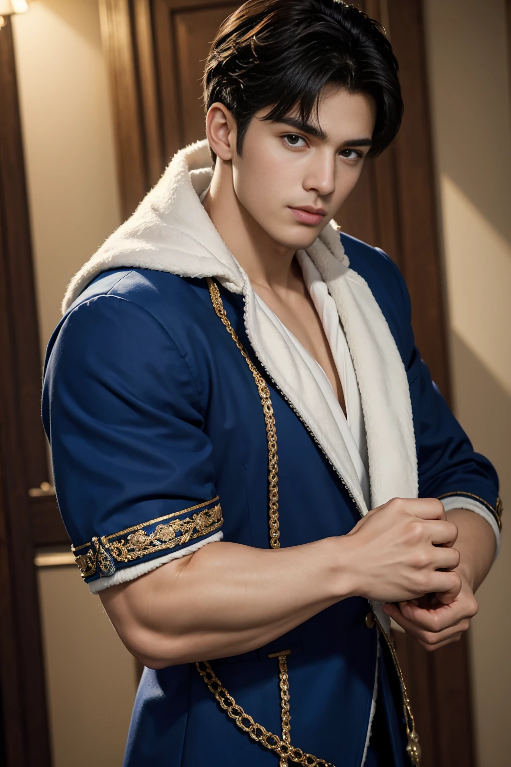 1 hombre coreano, 20 yo, solamente, obra maestra, Cara perfecta, cuerpo musculoso, cuerpo completo, (pecho desnudo), pecho musculoso, Abs, vistiendo un frac detallado, monocle, tiene, pelo corto, Bonitos ojos azules, manos perfectas, guantes, Strict and dynamic posture, personal, Nardack, Street background of a Magical City, with magic circles, Rayos de fondo , (nude , naked) , ((wearing micro string thong)) ,(stocking garter)