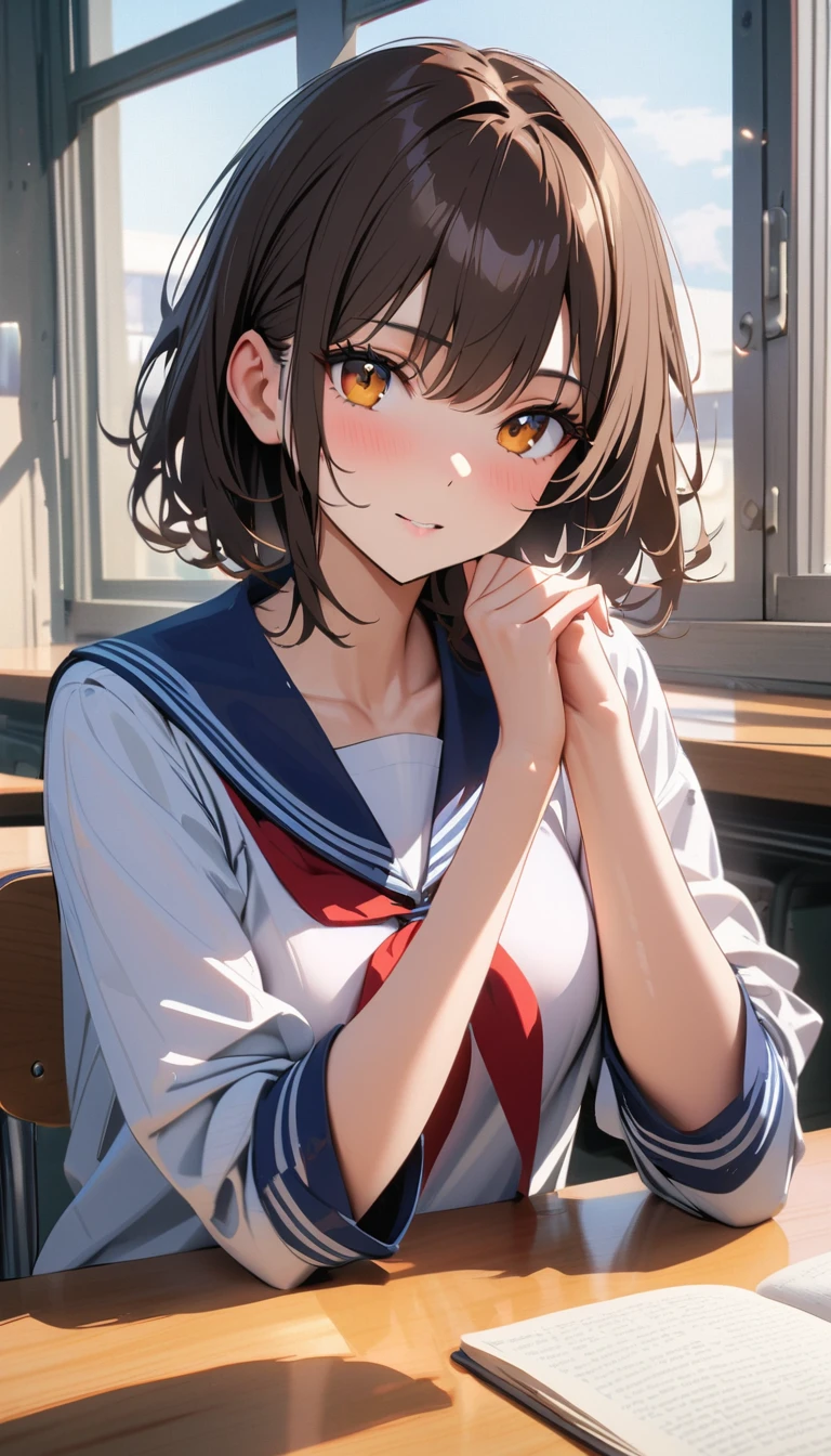 modern, Verism, masterpiece, textured skin, super detail, best quality, 4K , A beautiful woman ,Short Bob,Dark brown hair ,Sailor suit, she is resting her chin on her hand, looking at the camera, The setting is inside a high school classroom during the day.