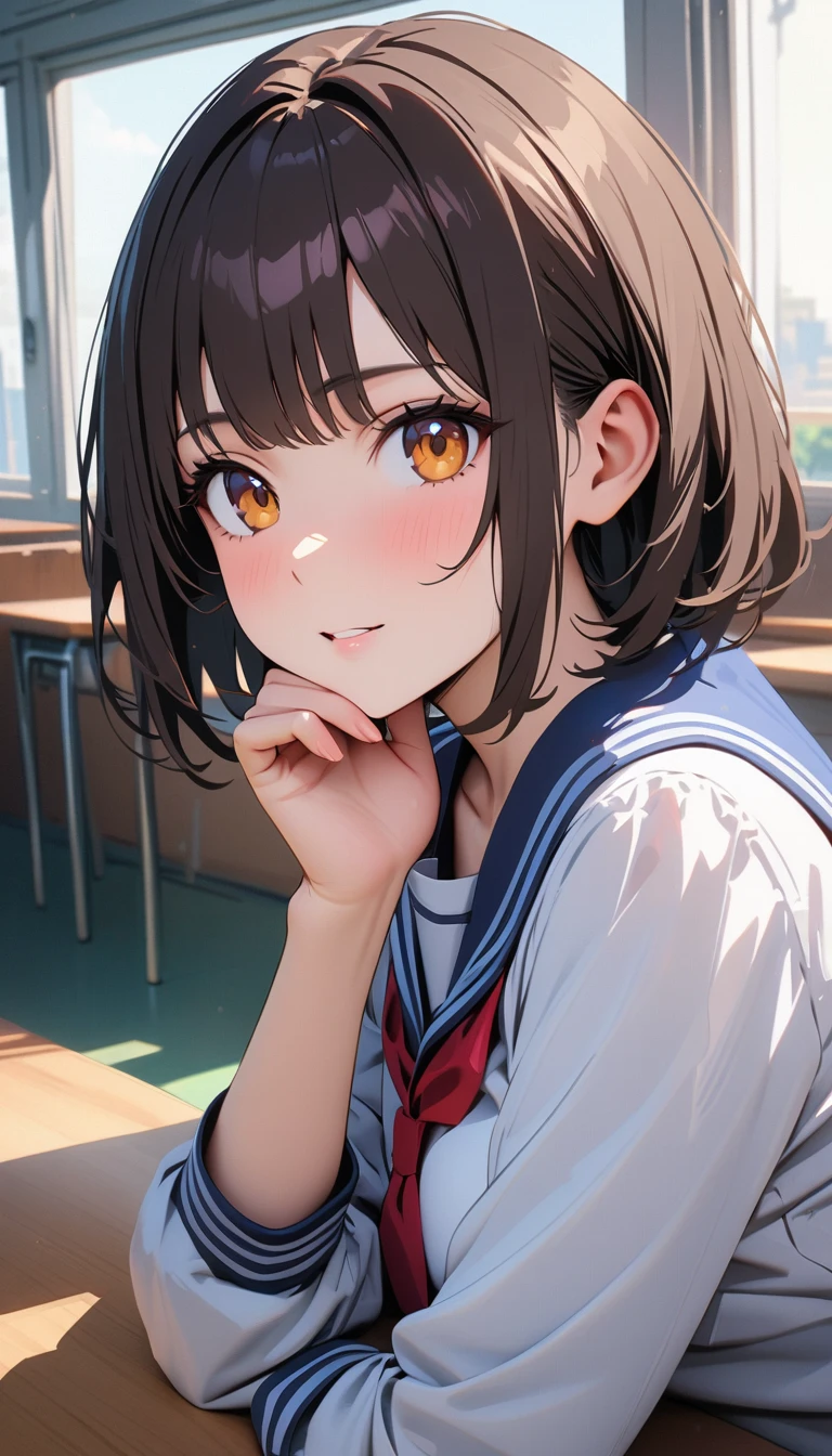 modern, Verism, masterpiece, textured skin, super detail, best quality, 4K , A beautiful woman ,Short Bob,Dark brown hair ,Sailor suit, she is resting her chin on her hand, looking at the camera, The setting is inside a high school classroom during the day.
