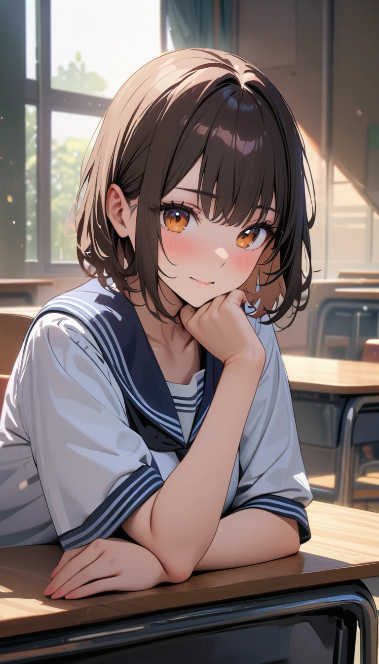 modern, Verism, masterpiece, textured skin, super detail, best quality, 4K , A beautiful woman ,Short Bob,Dark brown hair ,Sailor suit, she is resting her chin on her hand, looking at the camera,  The setting is inside a high school classroom during the day.