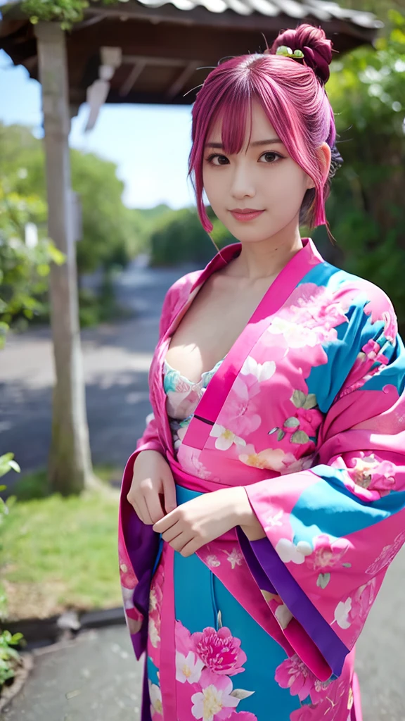 “A beautiful anime-style girl with pink hair styled in twin buns, wearing a traditional floral-patterned kimono with blue and yellow obi, standing among vibrant peony flowers. She has a more provocative expression with a slight smirk, half-lidded eyes, and a confident, teasing look. The background is a soft, bright sky with a few petals falling around.”

