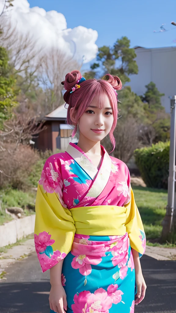 “A beautiful anime-style girl with pink hair styled in twin buns, wearing a traditional floral-patterned kimono with blue and yellow obi, standing among vibrant peony flowers. She has a more provocative expression with a slight smirk, half-lidded eyes, and a confident, teasing look. The background is a soft, bright sky with a few petals falling around.”

