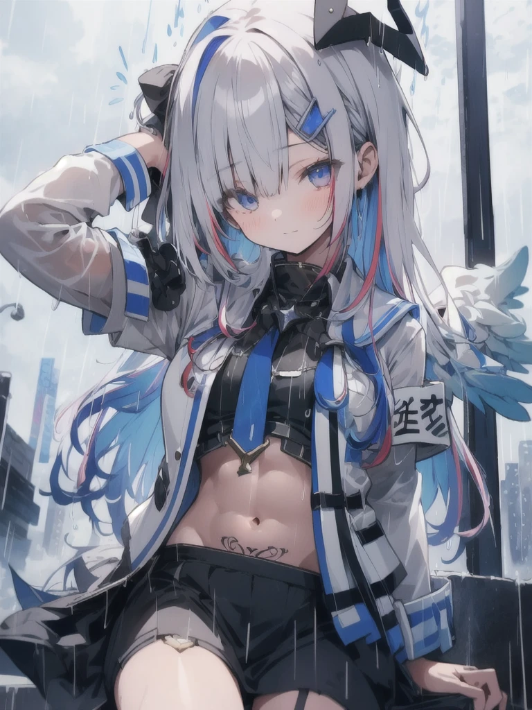 ((masterpiece)), Highest quality, Beautiful details, Perfect focus, Uniform 8k wallpaper, 4320p, High resolution, Exquisite texture down to the smallest detail, Detailed Background, Medium Shot Photo, 1 Girl Black Micro_bikini getting wet in the rain, alone, View your viewers, Front Angel, hair, Eyes with heterochromia, red_blue eyes, Ultra-realistic detailed eyes, High detail of sclera and pupil, (((Well drawn eyes))), ((Hidden Hand)), (((Pose with arms folded behind the head)))), (((Well drawn hands))), abdomen, Abdominal muscles, tattoo, pararel, thing, feet, Detailed face, Perfect Eyes, Sterling, anatomy human perfect, ((rain: 1.5)), (Wet Face), (Streets in the background to the city),amane kanata