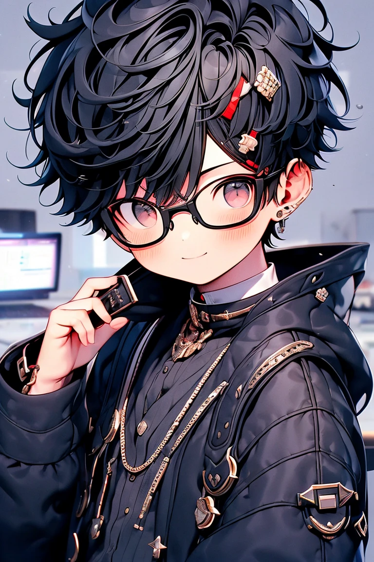  Boy trading stock charts in the office, One boy,  smile , Black Hair, Black-rimmed glasses, Stylish mysterious clothes ,Disheveled Hair,Little,3d,