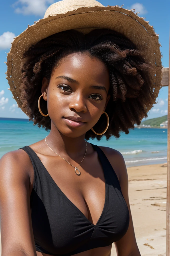 selfie in a beach. black girl african american teen, ultra realistic and detailed 4k