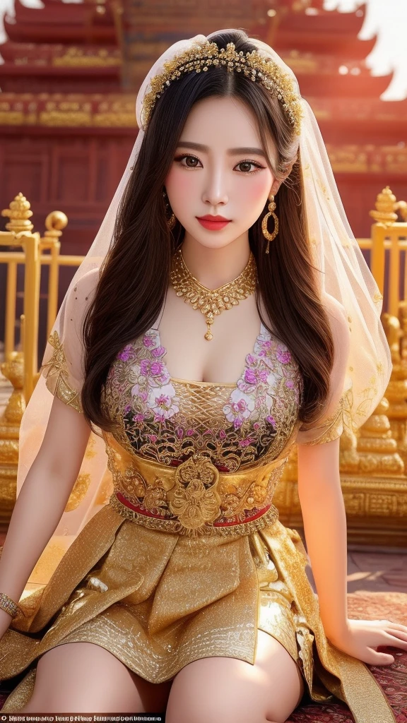 Beautiful girl of Taiwanese descent, Embellished with finely crafted Dongtai Khu indigenous dress, It stands majestically with the backdrop of the magnificent Bukam Temple.. Her attire shimmers with Intricate embroidery and gold accents, แต่ละองค์ประกอบได้รับการคัดเลือกอย่างพิถีพิถันเพื่อสะท้อนถึงมรดกทางวัฒนธรรมอันlongนานของผู้คนของเธอ. details: Facial features: ใบหน้าของผู้หญิงมีความสดใสและอ่อนเlong์, With delicate features and captivating eyes that shine with warmth and intelligence.. Her hair was styled into a messy bun, embellished with fresh flowers and pinned with gold pins., Add elegance and originality.. TRADITIONAL COSTUMES: The Tong Tai Khun Outfit is a masterpiece in the style of an elite tank., Distinguished by colorful silk, Beautiful smile,Intricate embroidery, And adorned with delicate gold. long, The fluttering skirt slipped gracefully around her legs., Meanwhile, the fitted bodice helped accentuate her slender figure.. The traditional headdress adds a touch of luxury to her outfit. decorations: ความงามของผู้หญิงได้รับการปรับปรุงเพิ่มเติมด้วยdecorationsแบบดั้งเดิมอันตระการตา. A bracelet encircled her wrist., The necklace adorns her neck, And delicate earrings dangled from her ears.. Each piece has been elaborately crafted and adds a touch of luxury to her overall look.. Bagan Temple Background: The ancient Bukam temple is a stunning backdrop for the portrait.. Weathered brick structures and towering spires add grandeur and mystery to this scene.. Warm shades of sunrise or sunset, bathe the temple with golden light, Create a truly magical atmosphere.