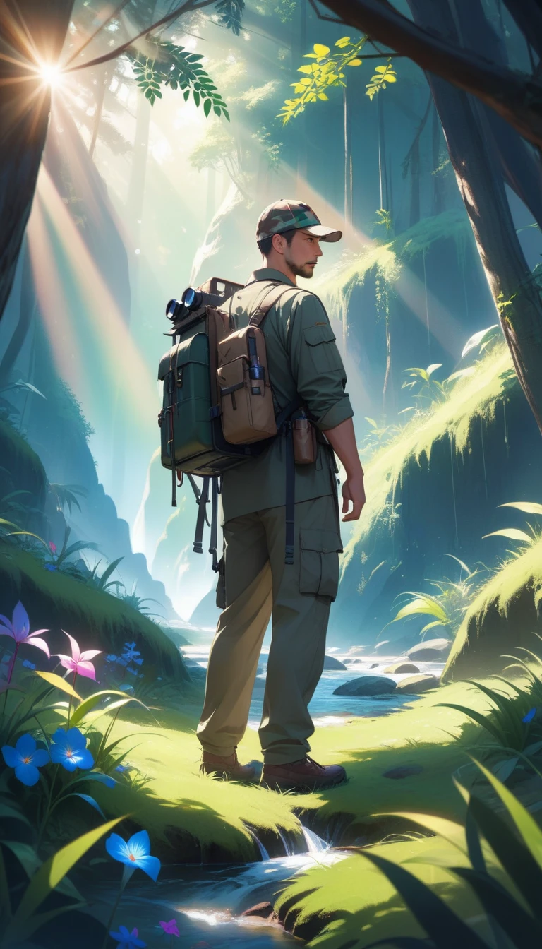 A man wearing safari camouflage、Close-up of man standing in deep mountain jungle with backpack and binoculars, Beautiful light and shadow explored deep in the forest, Strange flowers, exotic grass, Mountain streams,