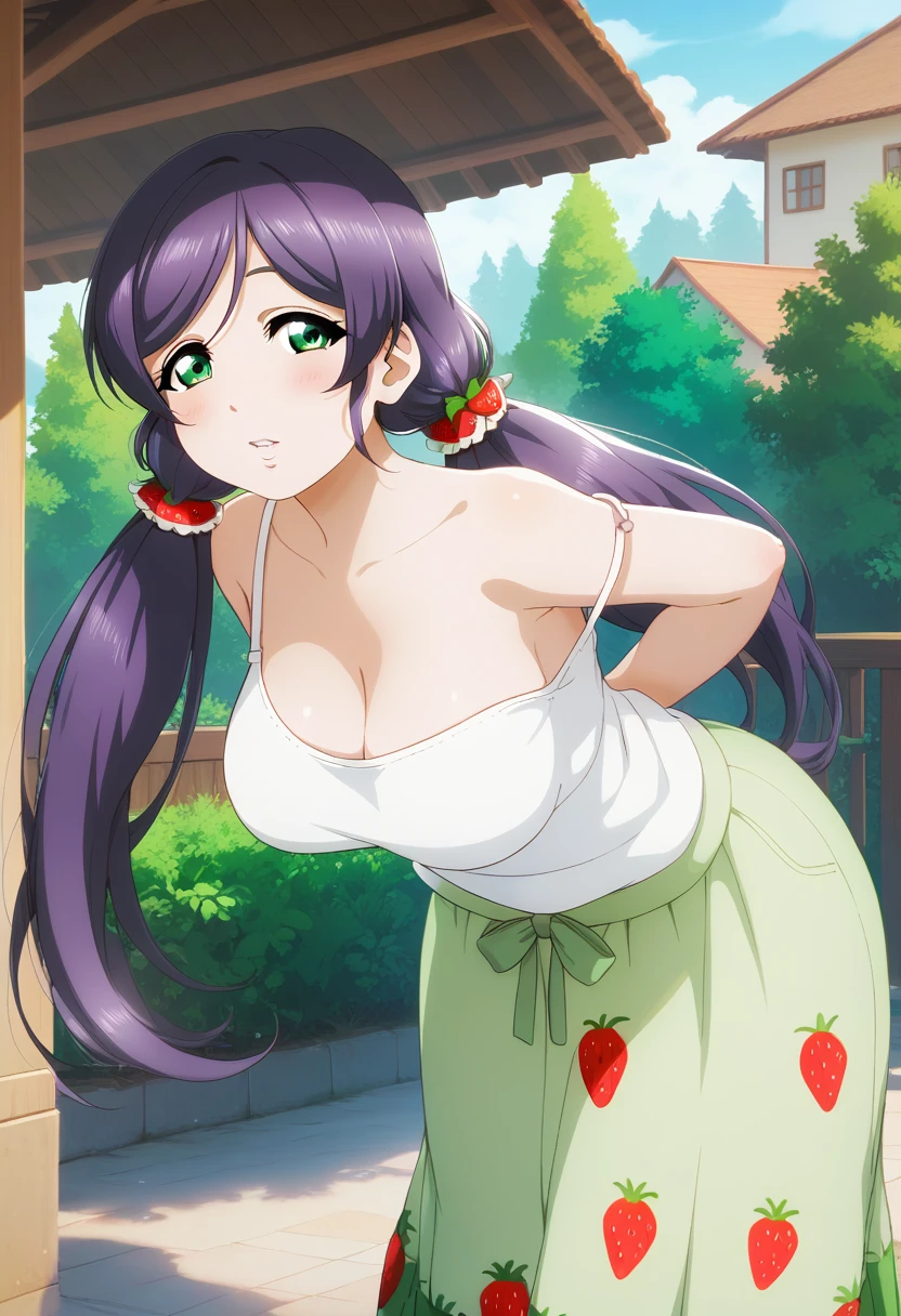 masterpiece, best quality, highres, toujo nozomi, green eyes,low twintails ,strawberry long skirt, outdoors, looking at viewer, white tank top, blushing, leaning forward, big breasts,thicc body, purple hair, green eyes ,strap slip , arms behind back, curvy hips 